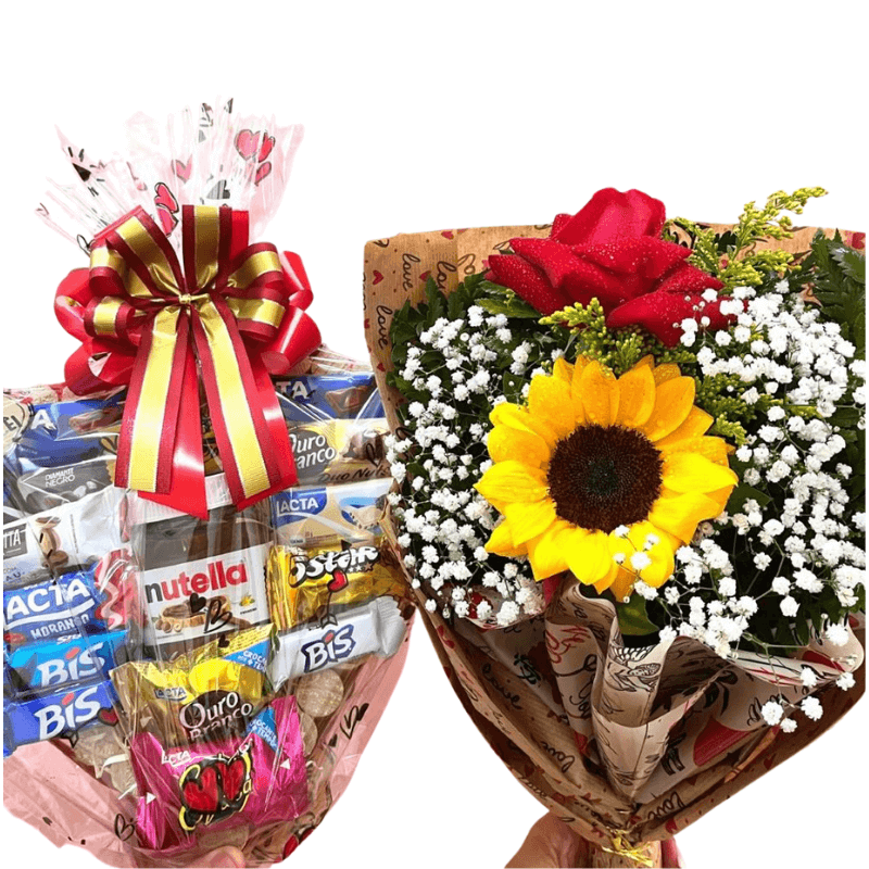 Kit Luxo Chocolate com Rosas e Girassol
